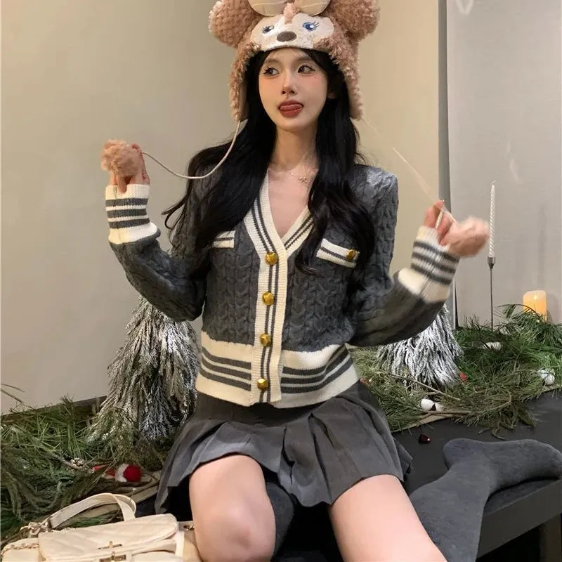 Aiertu Kawaii Korean Style Cardigan Women Elegant Sweet Knitted Sweater Cute Patchwork Casual Autumn Winter Cardigan Sweaters