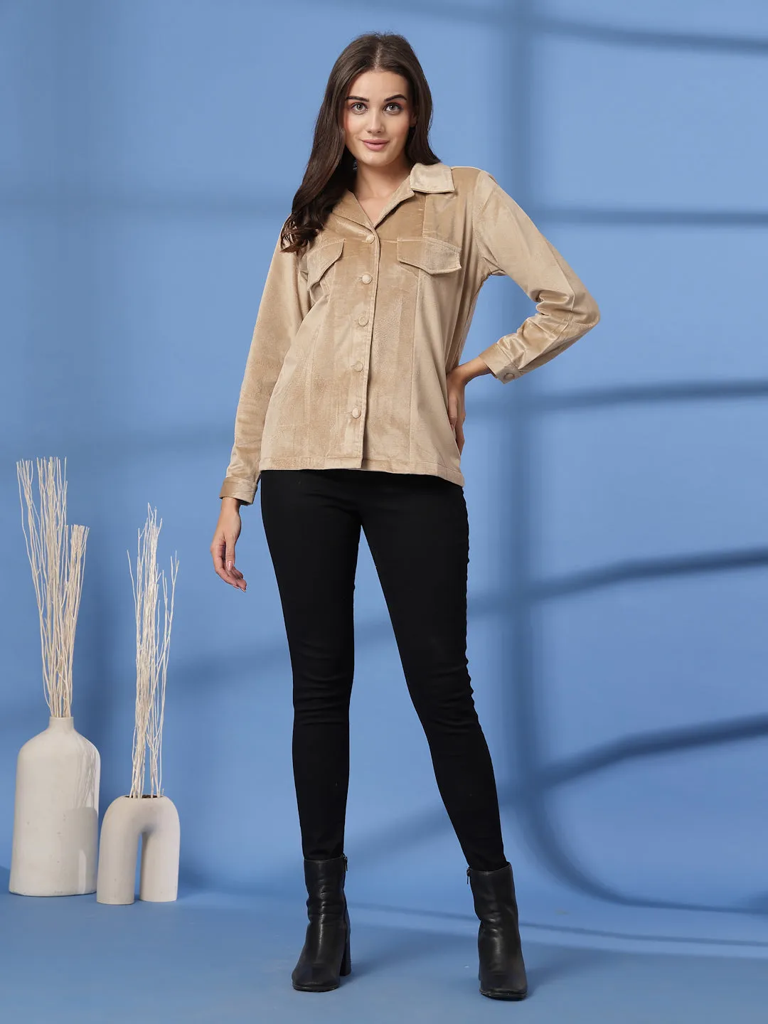 Beige Women Open Front Jacket