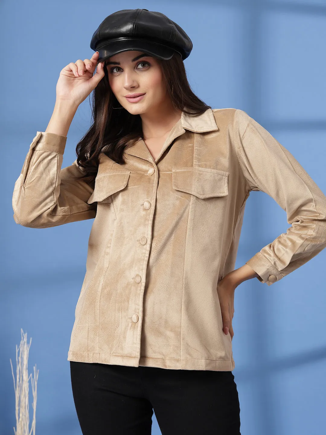 Beige Women Open Front Jacket