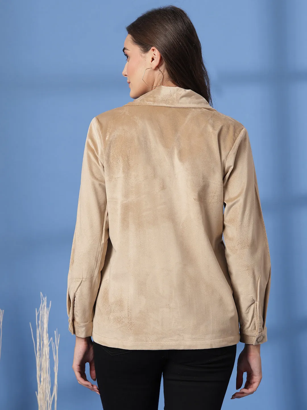 Beige Women Open Front Jacket