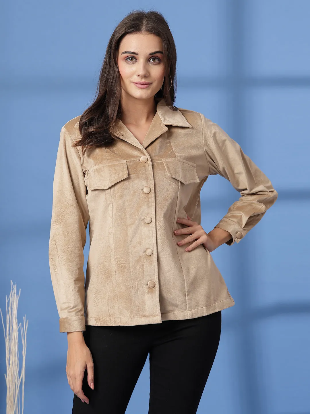 Beige Women Open Front Jacket