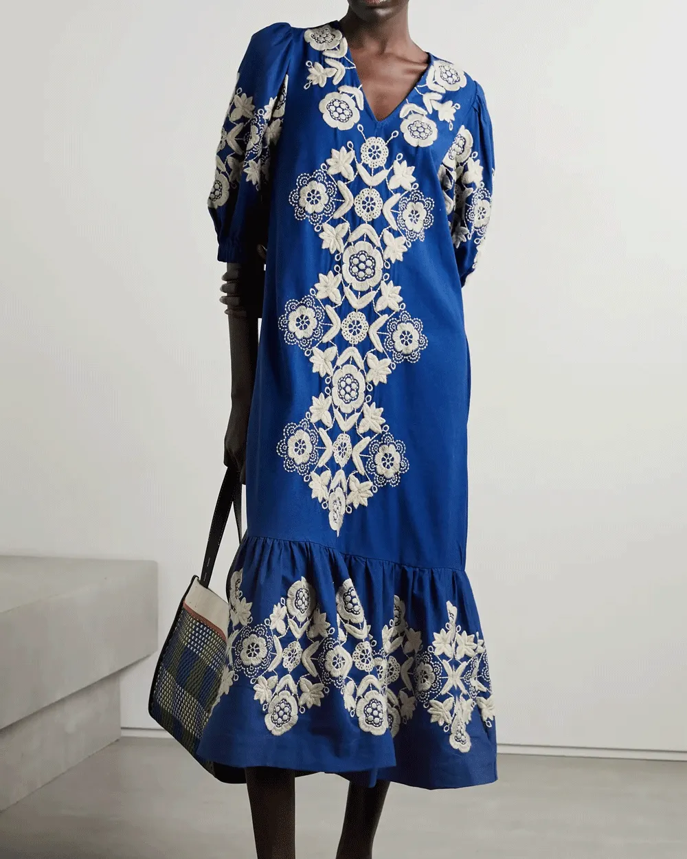 Blue Manuela Embroidered Puff Sleeve V-Neck Dress