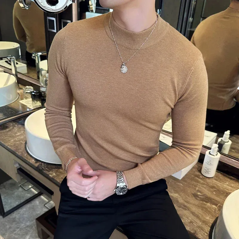 Bonsir Autumn Winter Luxury Men's Wool Sweater Half High Neck Solid Color Knitted Pullover Men  Long Sleeve Slim Fit Casual Sweaters