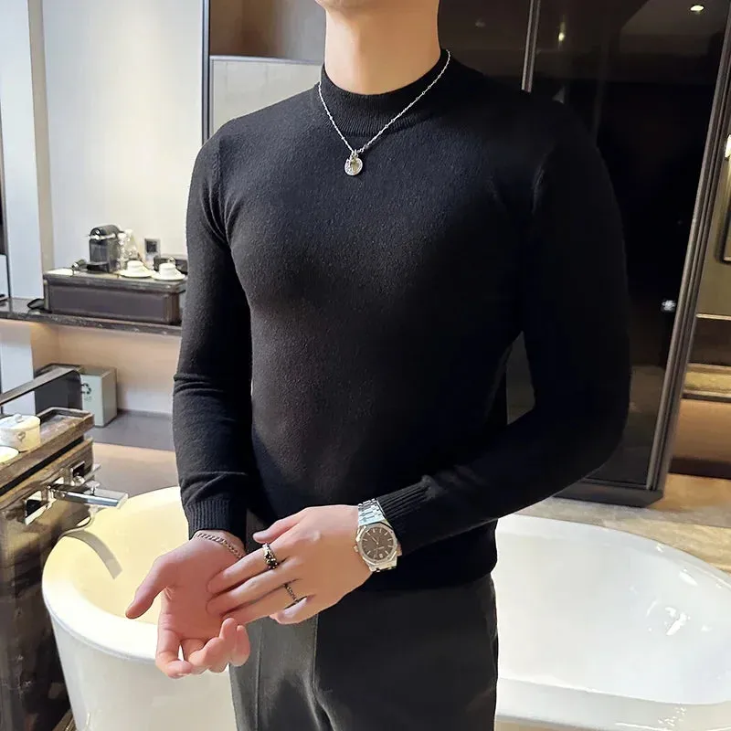 Bonsir Autumn Winter Luxury Men's Wool Sweater Half High Neck Solid Color Knitted Pullover Men  Long Sleeve Slim Fit Casual Sweaters