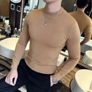 Bonsir Autumn Winter Luxury Men's Wool Sweater Half High Neck Solid Color Knitted Pullover Men  Long Sleeve Slim Fit Casual Sweaters