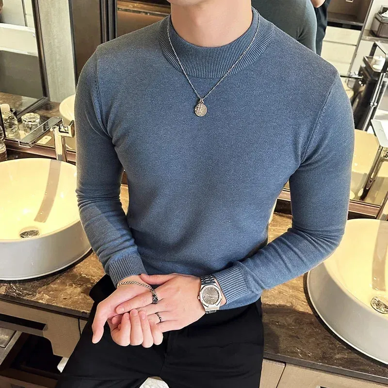 Bonsir Autumn Winter Luxury Men's Wool Sweater Half High Neck Solid Color Knitted Pullover Men  Long Sleeve Slim Fit Casual Sweaters
