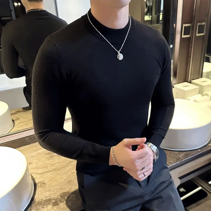 Bonsir Autumn Winter Luxury Men's Wool Sweater Half High Neck Solid Color Knitted Pullover Men  Long Sleeve Slim Fit Casual Sweaters