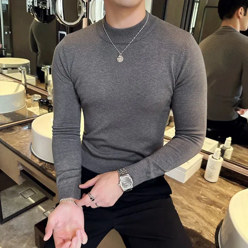 Bonsir Autumn Winter Luxury Men's Wool Sweater Half High Neck Solid Color Knitted Pullover Men  Long Sleeve Slim Fit Casual Sweaters