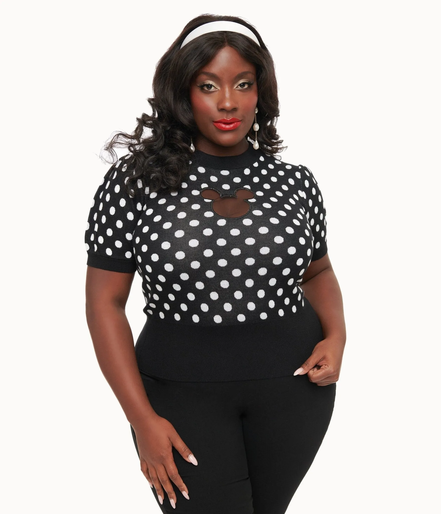 Disney Mickey & Friends Collection by Unique Vintage Plus Size Black & White Polka Dot Mickey Mouse Cutout Sweater