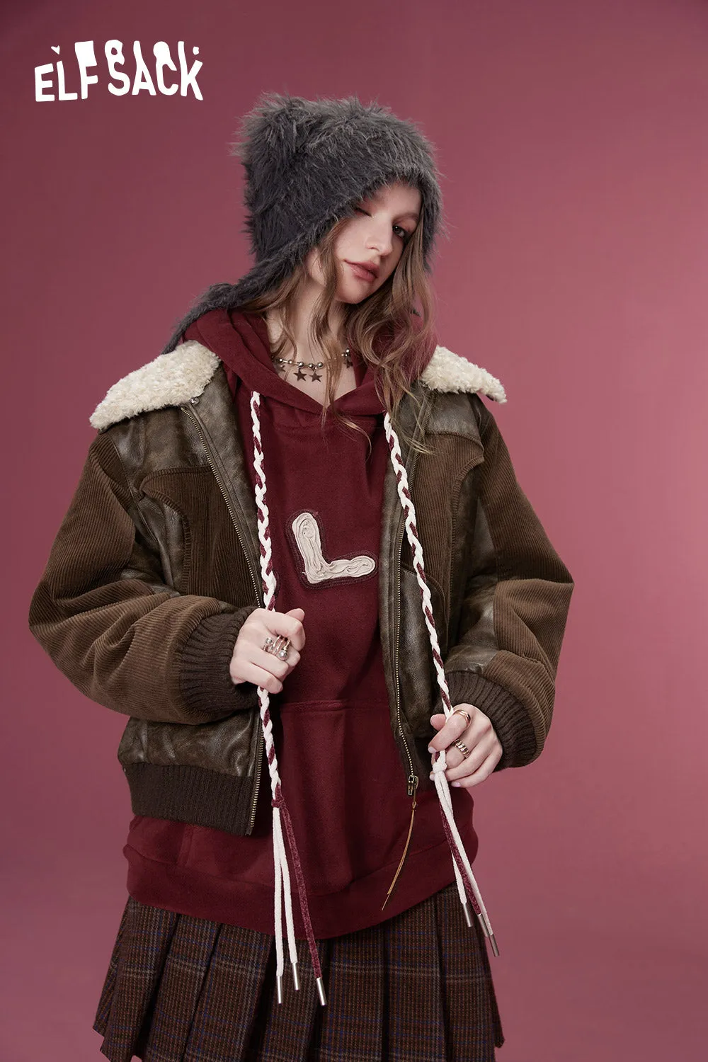 ELFSACK Korean Fashion PU Spliced Jackets Women 2023 Winter New Designer Jackets