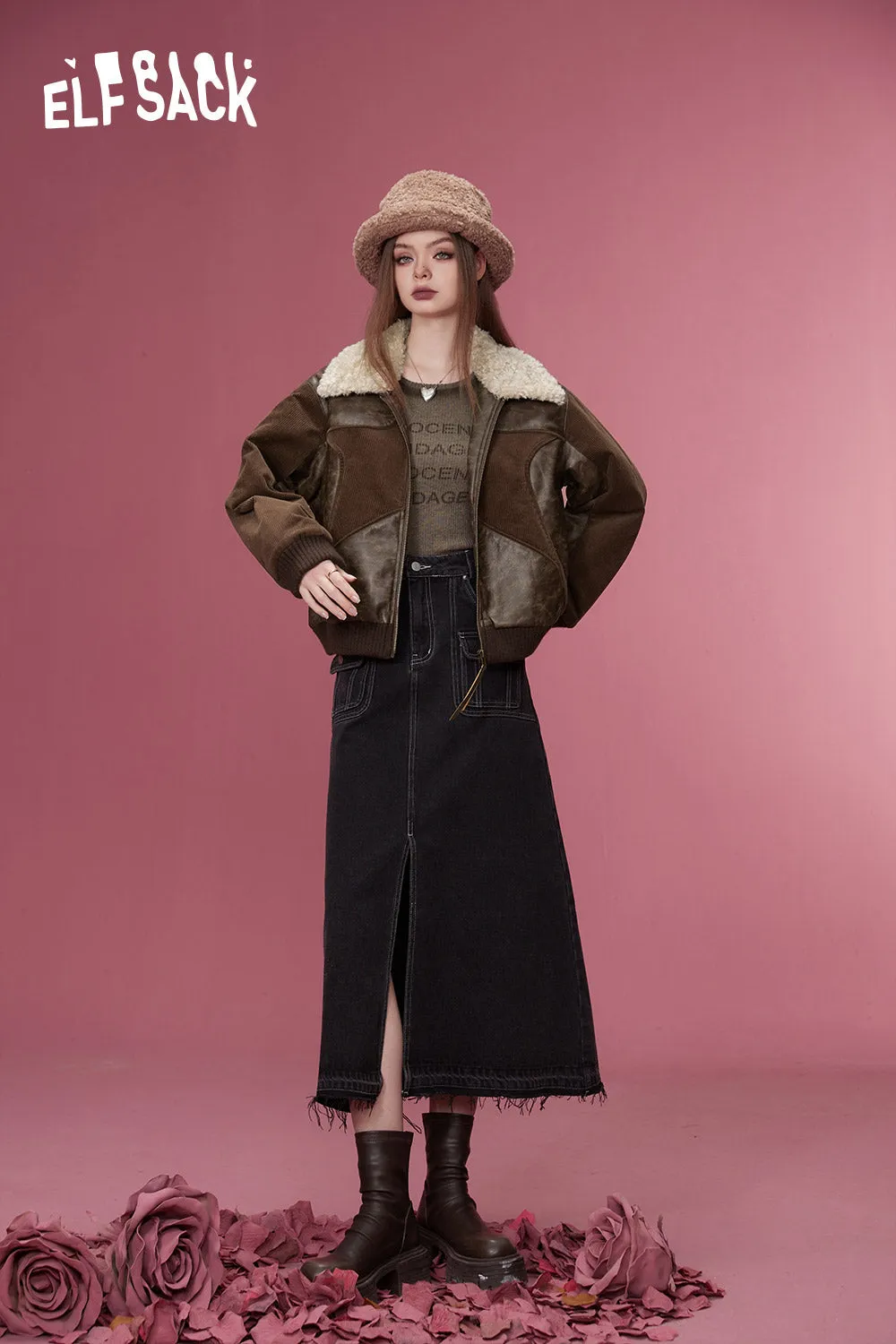 ELFSACK Korean Fashion PU Spliced Jackets Women 2023 Winter New Designer Jackets