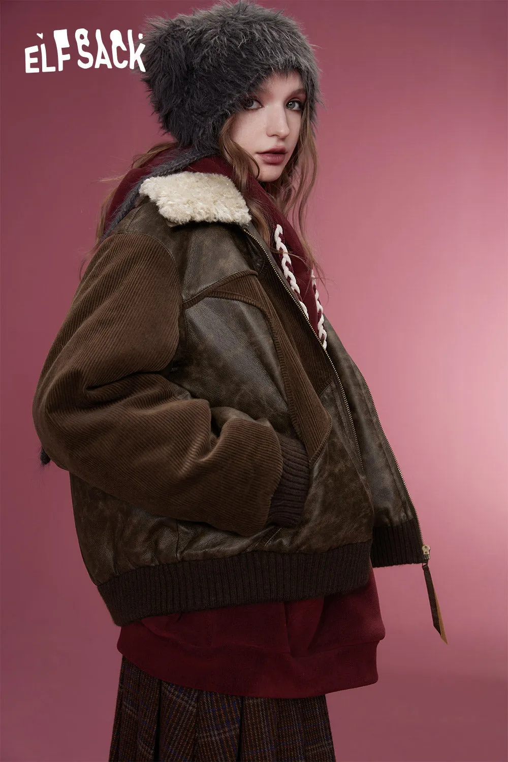 ELFSACK Korean Fashion PU Spliced Jackets Women 2023 Winter New Designer Jackets