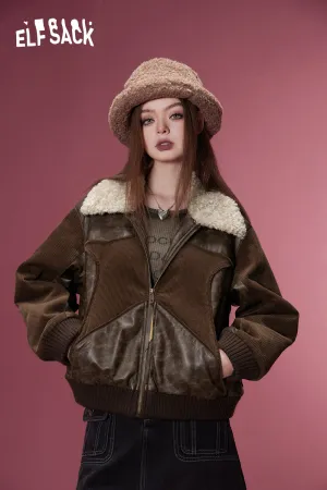 ELFSACK Korean Fashion PU Spliced Jackets Women 2023 Winter New Designer Jackets