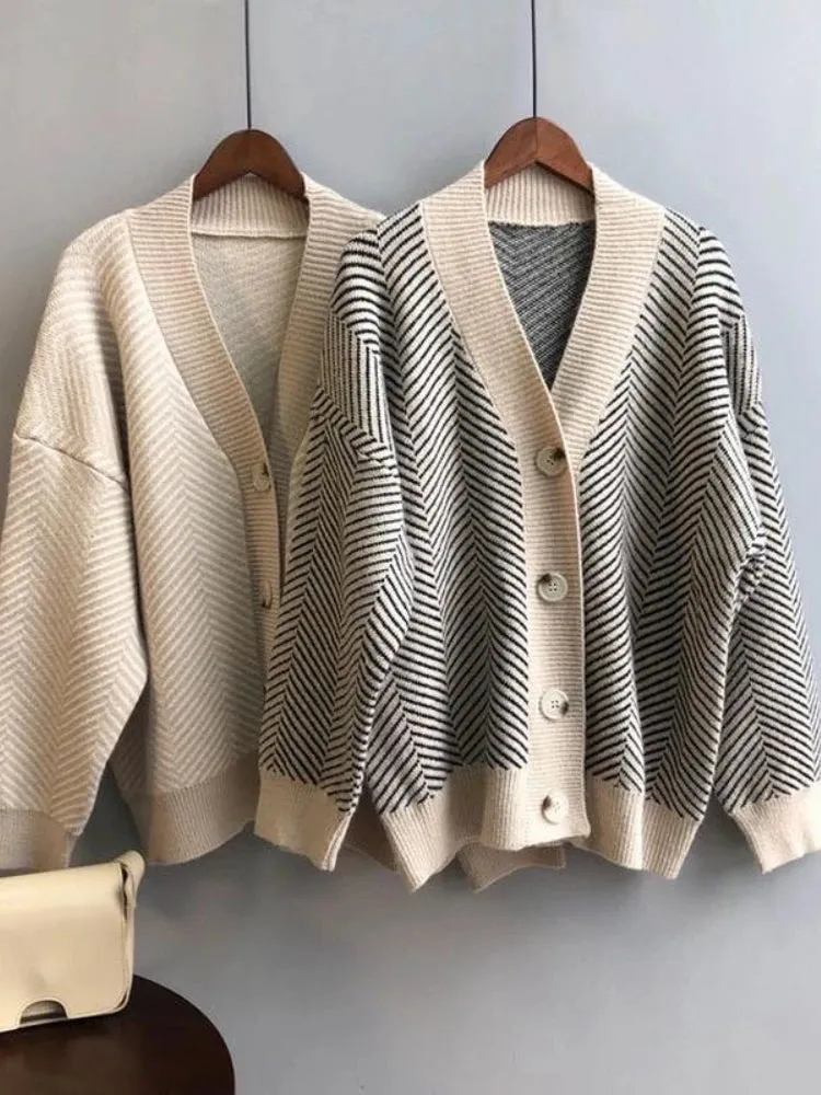 Fashionkova Bornladies Women's Sweater Autumn Winter New V-Neck Striped Loose-fitting Cardigan Knitted Tops Single Breasted Elegant Sweaters