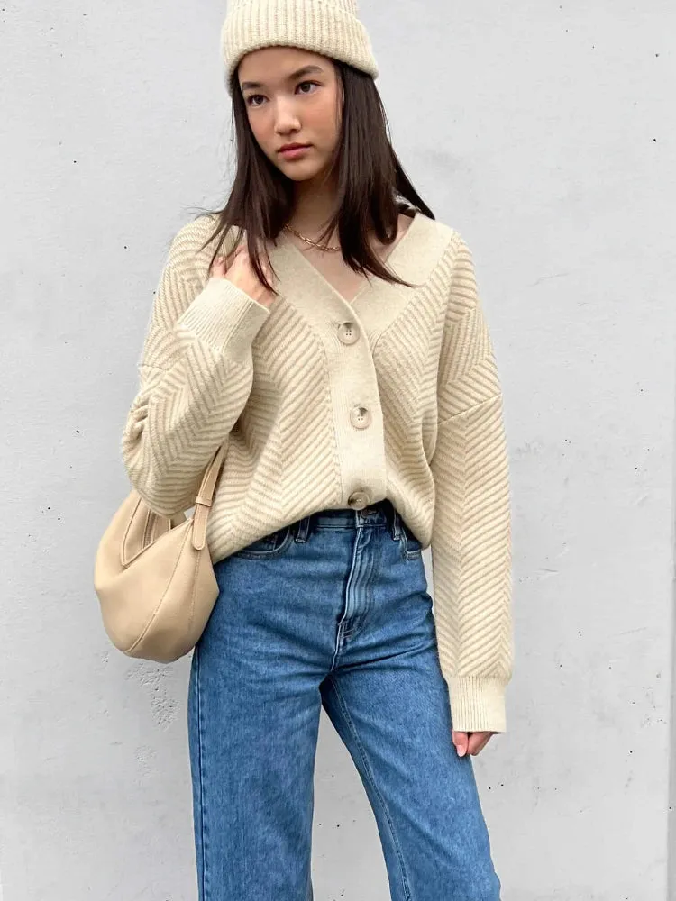 Fashionkova Bornladies Women's Sweater Autumn Winter New V-Neck Striped Loose-fitting Cardigan Knitted Tops Single Breasted Elegant Sweaters