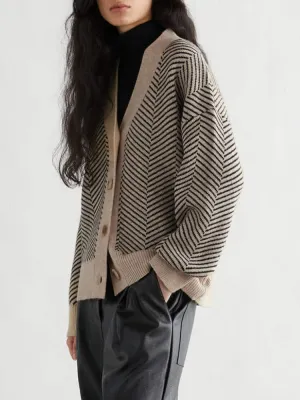 Fashionkova Bornladies Women's Sweater Autumn Winter New V-Neck Striped Loose-fitting Cardigan Knitted Tops Single Breasted Elegant Sweaters