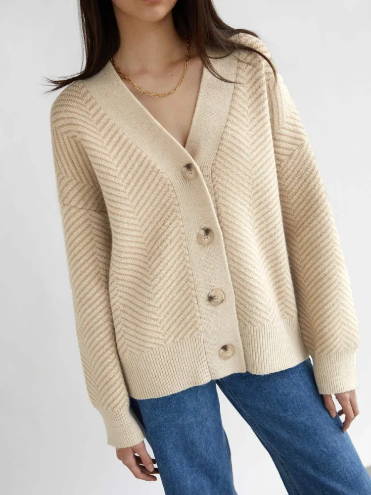 Fashionkova Bornladies Women's Sweater Autumn Winter New V-Neck Striped Loose-fitting Cardigan Knitted Tops Single Breasted Elegant Sweaters