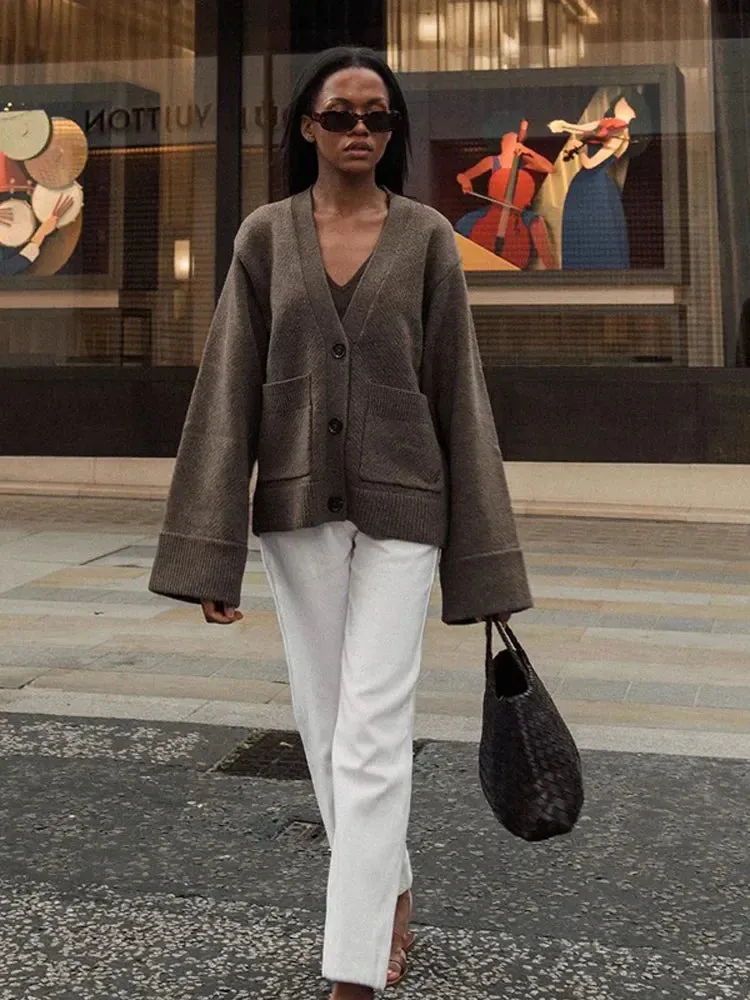 Flytonn-Elegant Solid V Neck Pocket Knitted Cardigan Women Casual Long Sleeves Single-breasted Loose Sweater 2024 Autumn Lady Sweaters