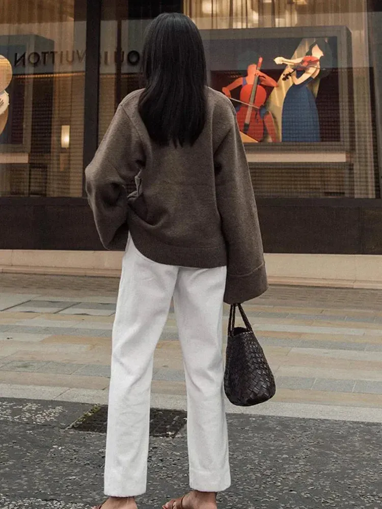 Flytonn-Elegant Solid V Neck Pocket Knitted Cardigan Women Casual Long Sleeves Single-breasted Loose Sweater 2024 Autumn Lady Sweaters