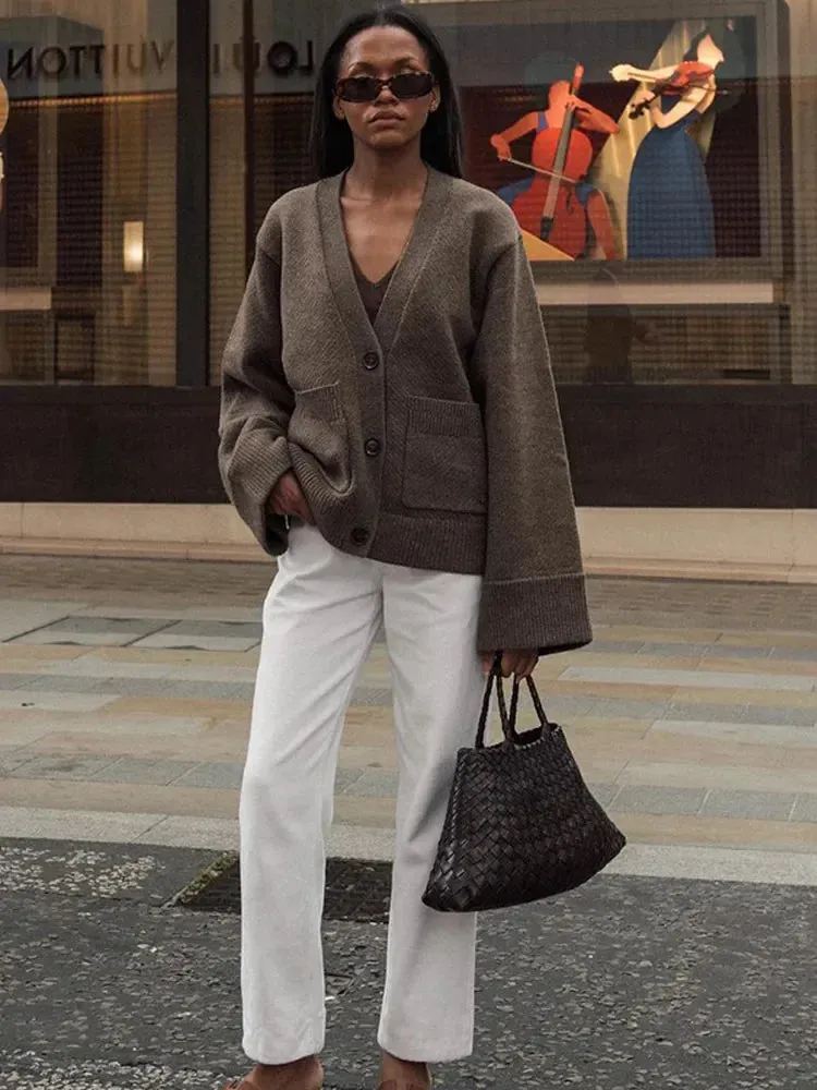 Flytonn-Elegant Solid V Neck Pocket Knitted Cardigan Women Casual Long Sleeves Single-breasted Loose Sweater 2024 Autumn Lady Sweaters