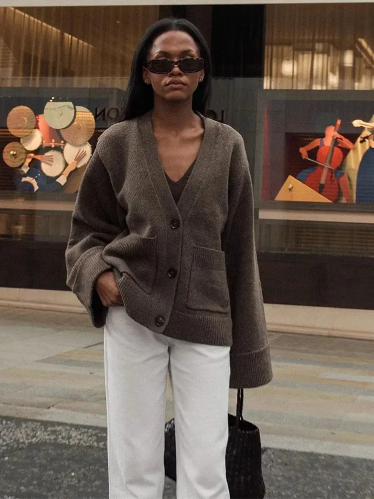 Flytonn-Elegant Solid V Neck Pocket Knitted Cardigan Women Casual Long Sleeves Single-breasted Loose Sweater 2024 Autumn Lady Sweaters