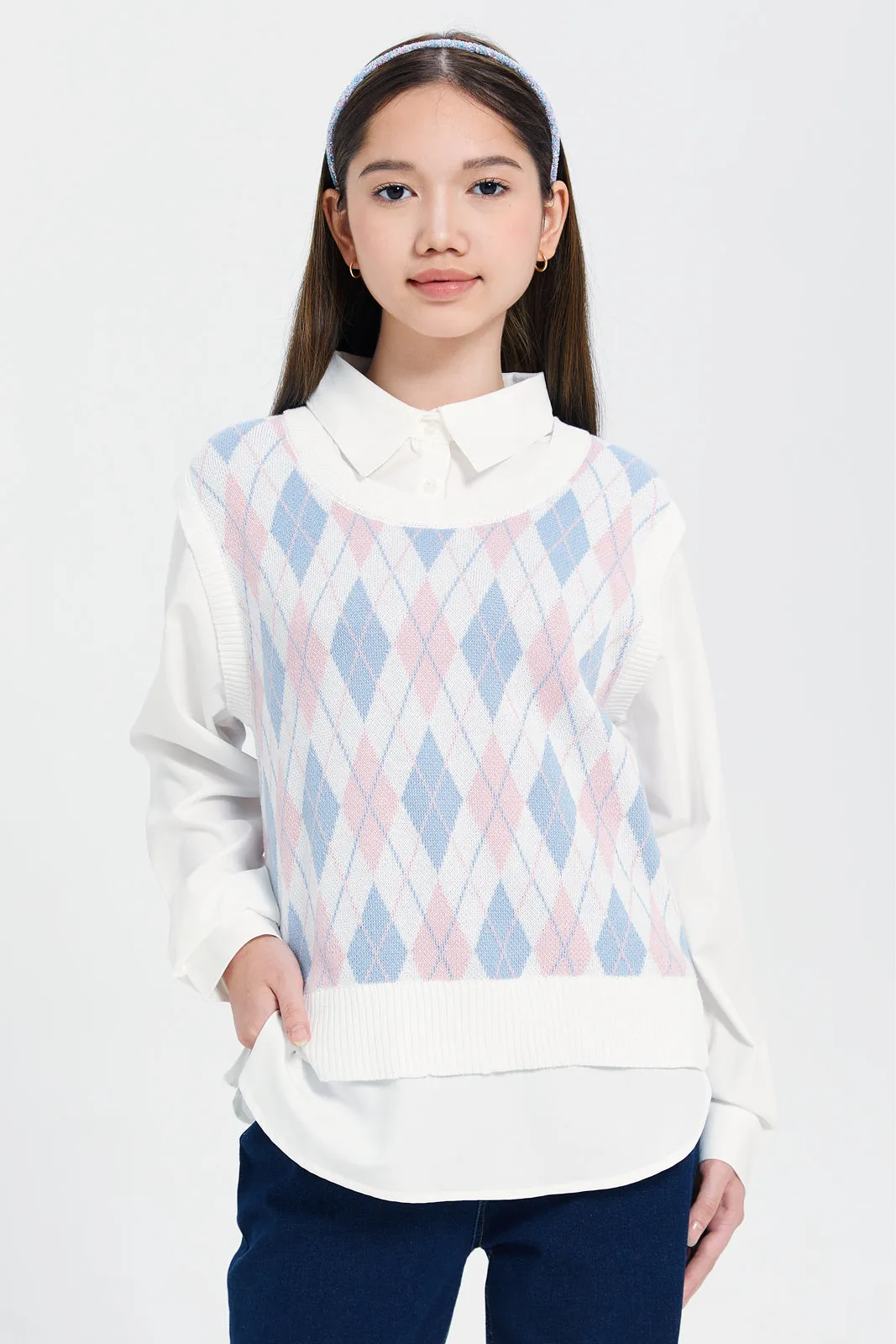 Girls Pink And Blue Argyle Print Pullover
