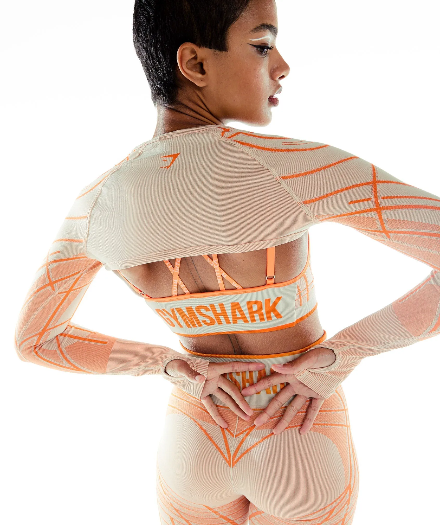Gymshark Wtflex Linear Seamless Long Sleeve Shrug - Pebble Grey/Orange/Coconut White