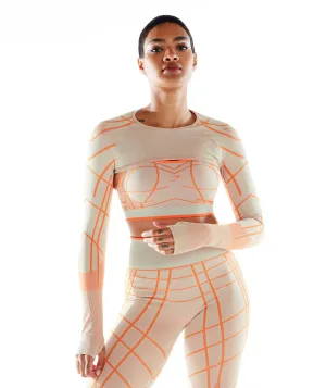 Gymshark Wtflex Linear Seamless Long Sleeve Shrug - Pebble Grey/Orange/Coconut White