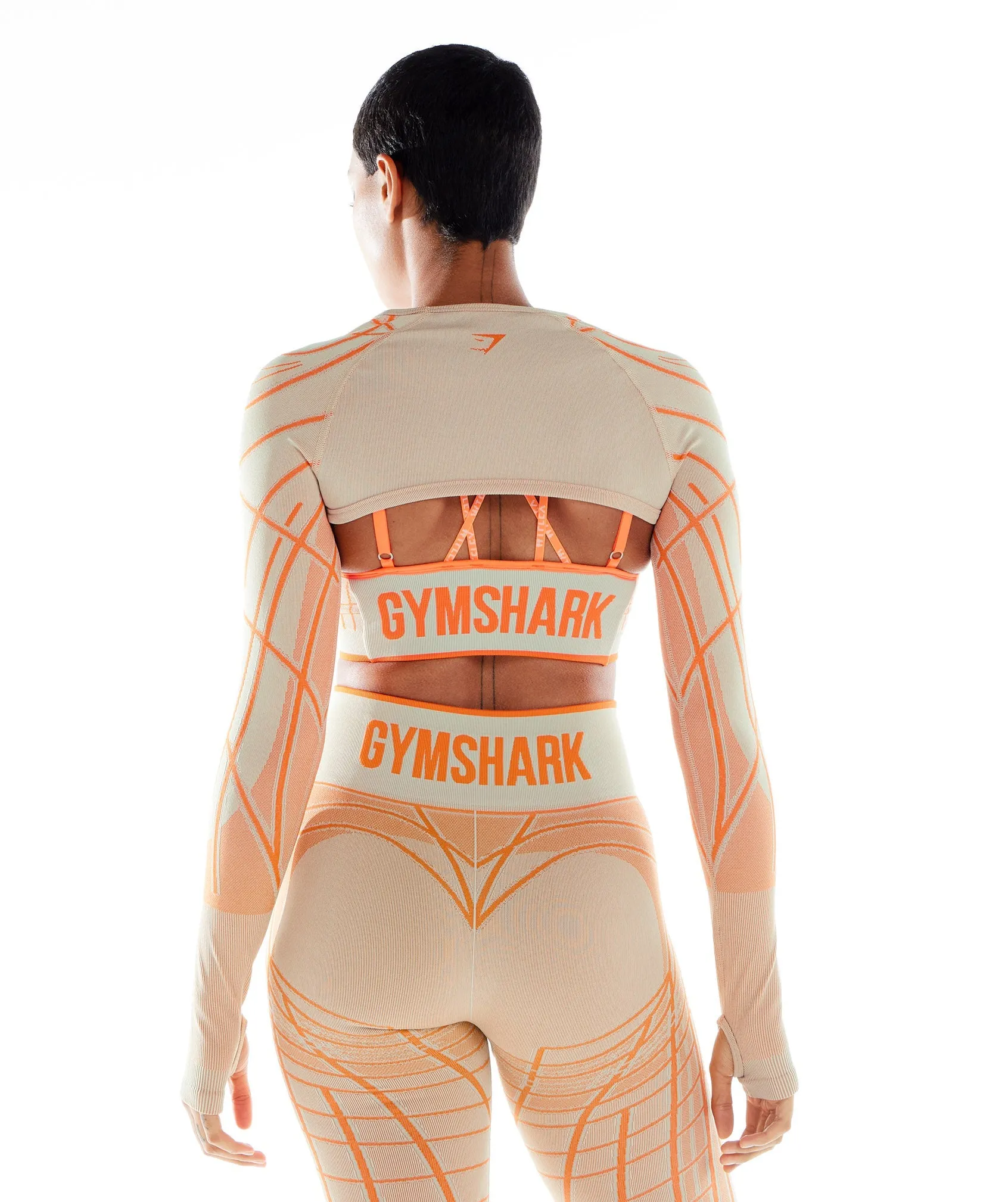 Gymshark Wtflex Linear Seamless Long Sleeve Shrug - Pebble Grey/Orange/Coconut White