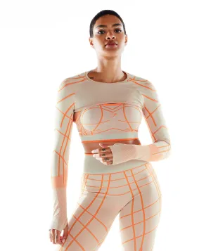 Gymshark Wtflex Linear Seamless Long Sleeve Shrug - Pebble Grey/Orange/Coconut White