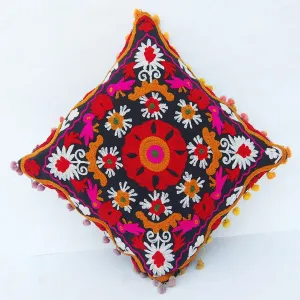 Pom Pom Vintage Suzani Cushion Cover Embroidery Pillows - CraftJaipur