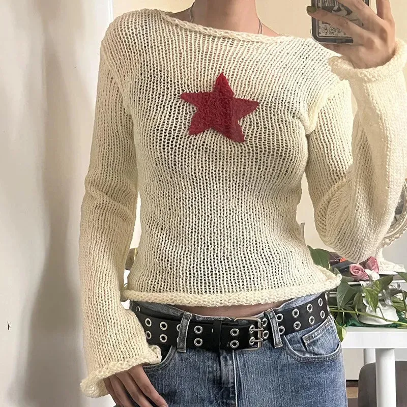Purpdrank - Y2k Star Sweaters Women 2023 Grunge Cute Slim Knitted Jumpers Harajuku Prepply Korean Pullovers Streetwear Ladies Aesthetic Tops