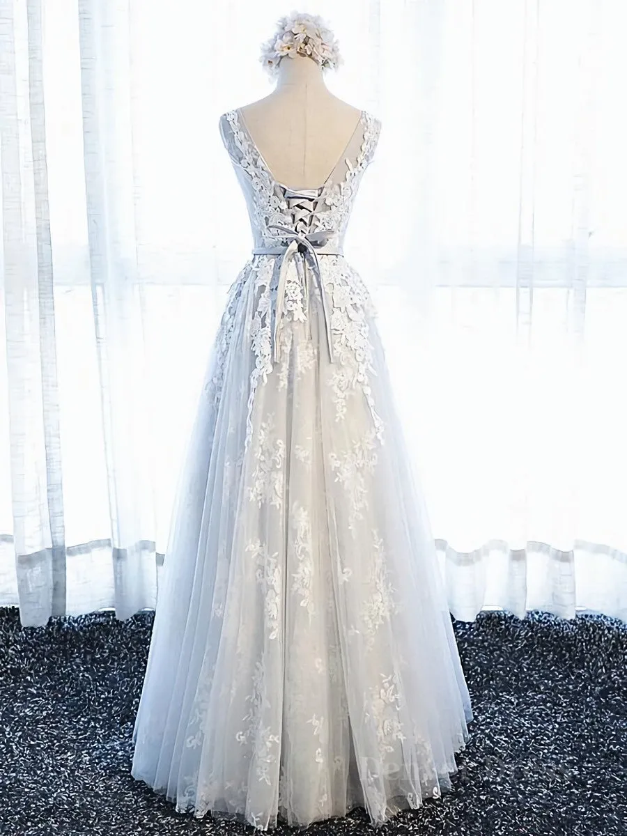 Round Neck Gray Lace Prom Dresses with Corset Back, Gray Lace Formal Evening Bridesmaid Dresses