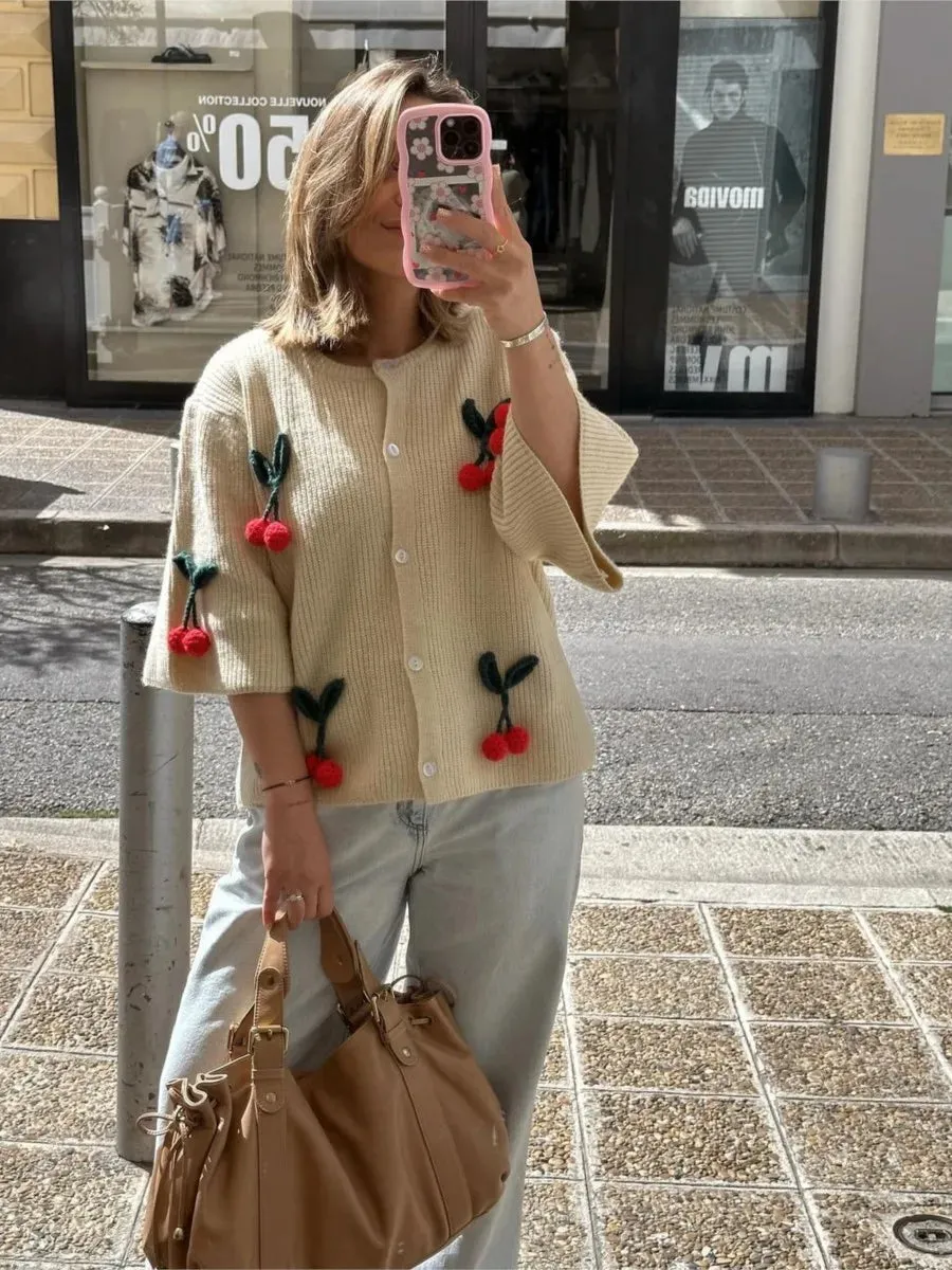 TAVIMART  -  Cherry Decor Knitted Cardigan Women Autumn New Single Breasted O Neck Sweater Female Casual Fashion Half Sleeve Sweaters 2024