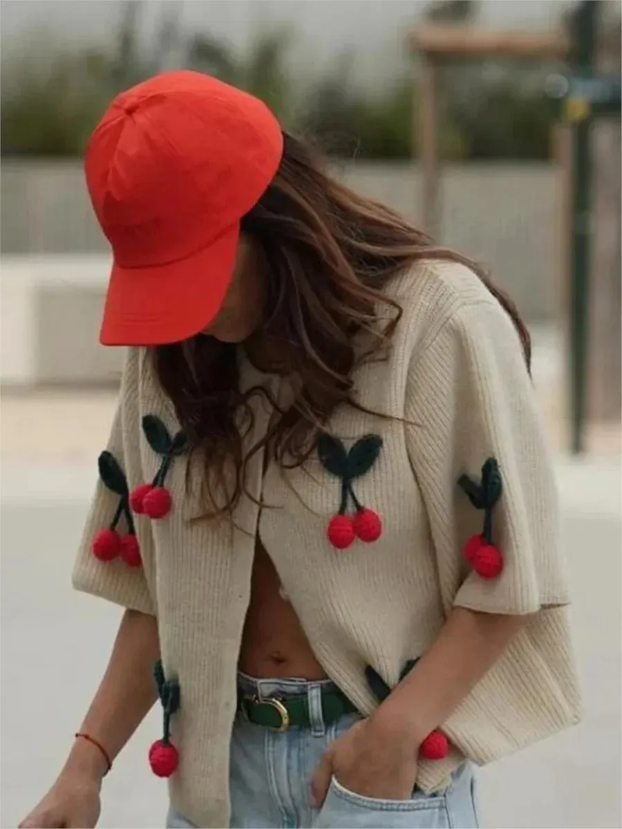 TAVIMART  -  Cherry Decor Knitted Cardigan Women Autumn New Single Breasted O Neck Sweater Female Casual Fashion Half Sleeve Sweaters 2024