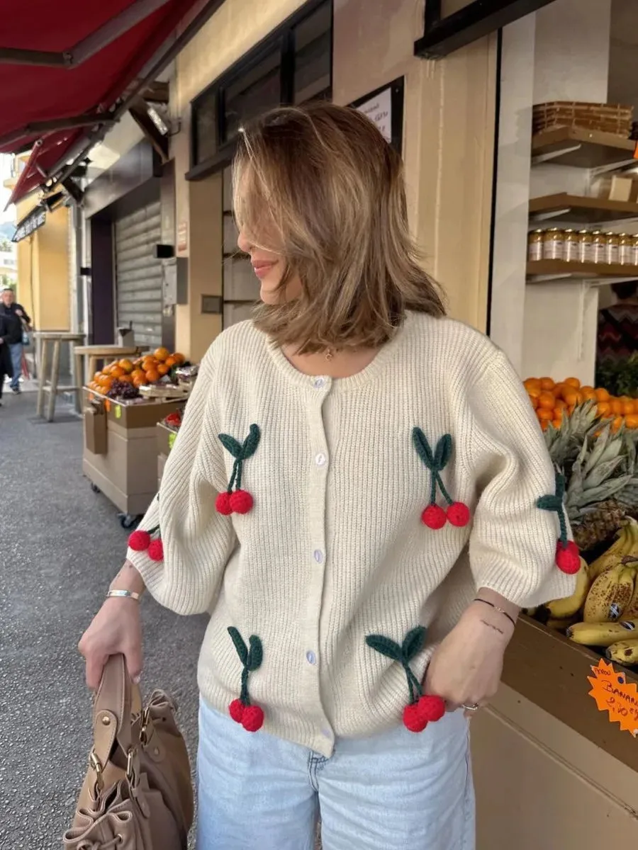 TAVIMART  -  Cherry Decor Knitted Cardigan Women Autumn New Single Breasted O Neck Sweater Female Casual Fashion Half Sleeve Sweaters 2024