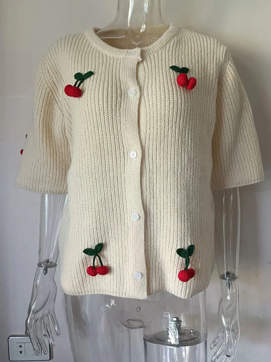TAVIMART  -  Cherry Decor Knitted Cardigan Women Autumn New Single Breasted O Neck Sweater Female Casual Fashion Half Sleeve Sweaters 2024