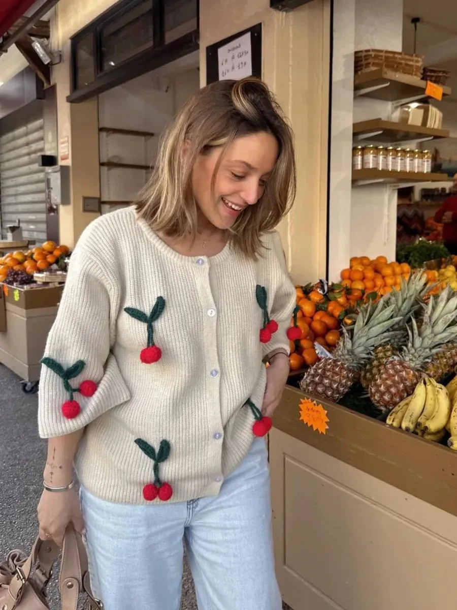 TAVIMART  -  Cherry Decor Knitted Cardigan Women Autumn New Single Breasted O Neck Sweater Female Casual Fashion Half Sleeve Sweaters 2024