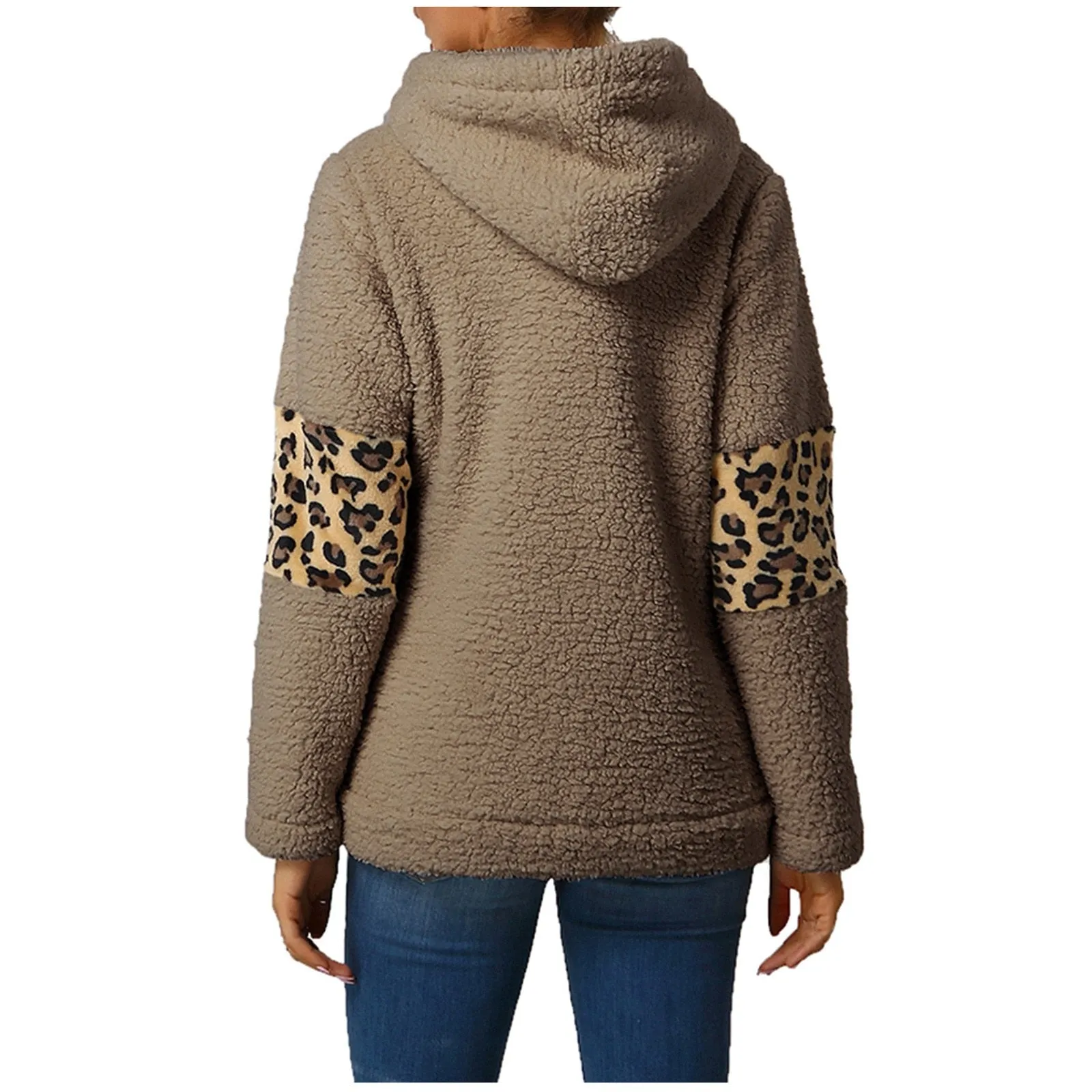 Winter Leisure Leopard Print Pocket Plush Round Neck Pullover
