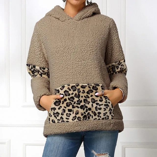 Winter Leisure Leopard Print Pocket Plush Round Neck Pullover