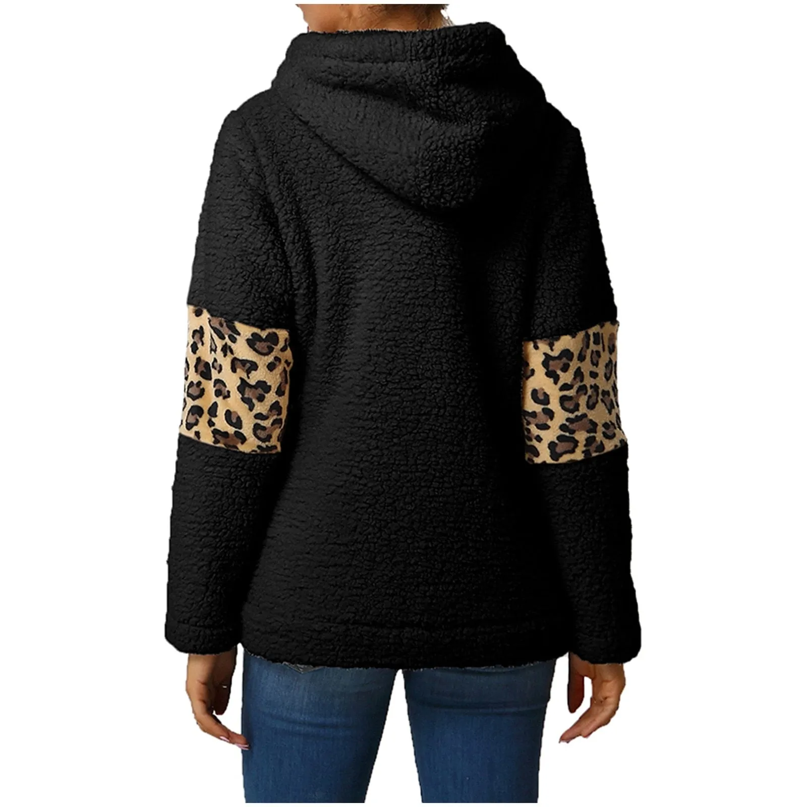 Winter Leisure Leopard Print Pocket Plush Round Neck Pullover