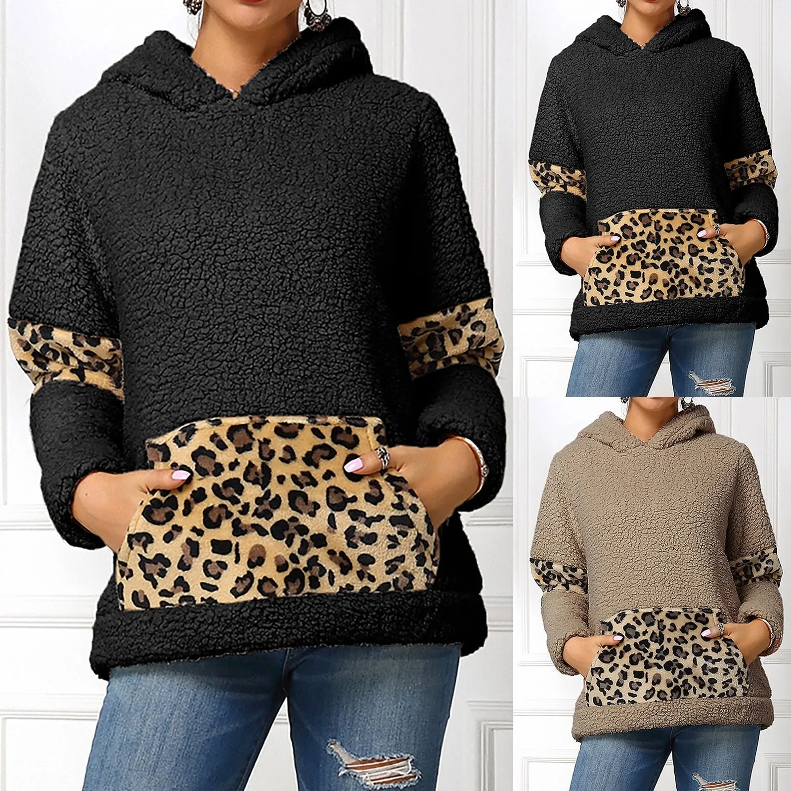 Winter Leisure Leopard Print Pocket Plush Round Neck Pullover