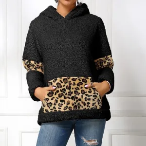 Winter Leisure Leopard Print Pocket Plush Round Neck Pullover